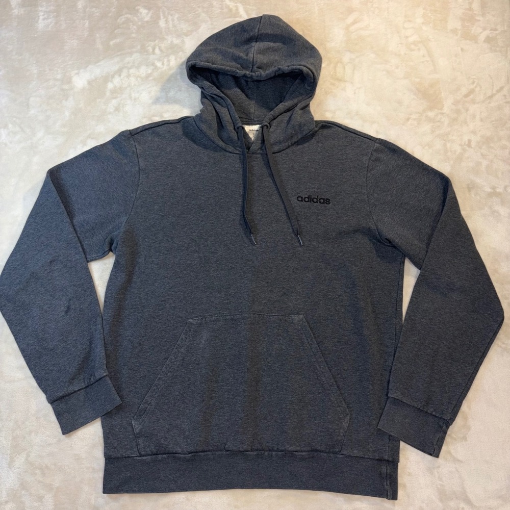 Adidas Essentials Mens Hoodie Grey Black Linear Logo Pullover‎ Sweatshirt Medium